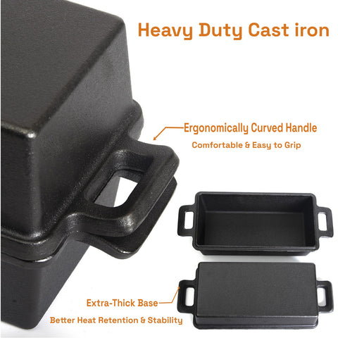 2-in-1 Cast Iron Bread Loaf Pan Tin with Lid Dual Use Baking Dish with Ergonomic Handles, Pre-Seasoned for Oven Cooking