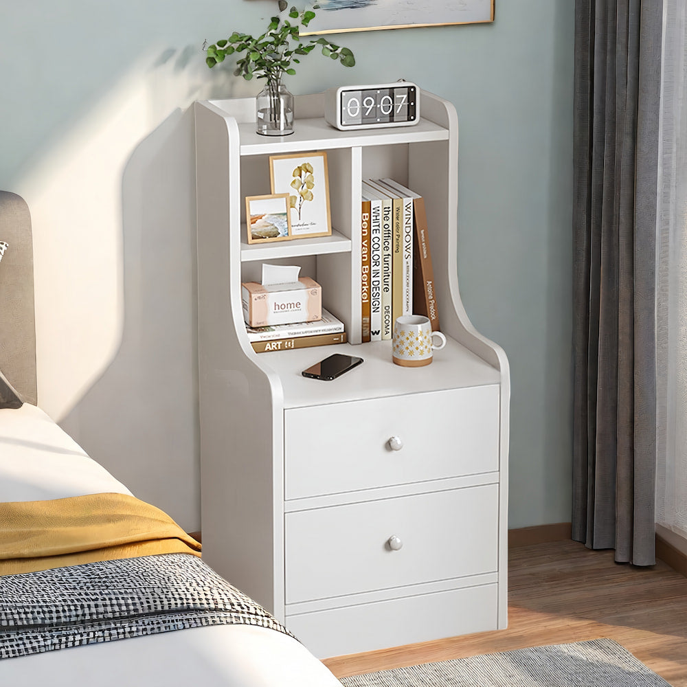 White Nightstand Wooden Knobs Divided Storage Sections Drawers Curved Sides
