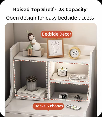 White Nightstand Wooden Knobs Divided Storage Sections Drawers Curved Sides
