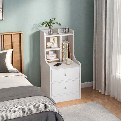 White Nightstand Wooden Knobs Divided Storage Sections Drawers Curved Sides