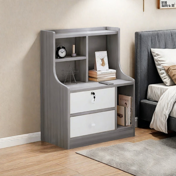 Light Gray Nightstand White Drawer Fronts Secure Storage Open Shelf 70cm