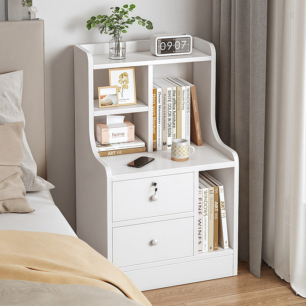 White Nightstand Security Drawer Open Shelf Storage Tray Wooden Knob Minimalist