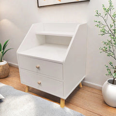 Warm White Nightstand Wooden Legs Knobs Open Storage Two Drawers Modern Design