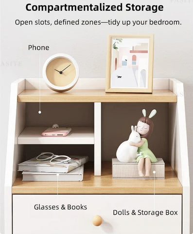 Warm White Nightstand Wooden Legs Knobs Open Storage Two Drawers Modern Design