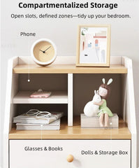 Warm White Nightstand Wooden Legs Knobs Open Storage Two Drawers Modern Design