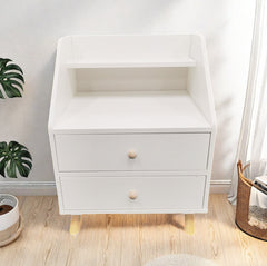 Warm White Nightstand Wooden Legs Knobs Open Storage Two Drawers Modern Design