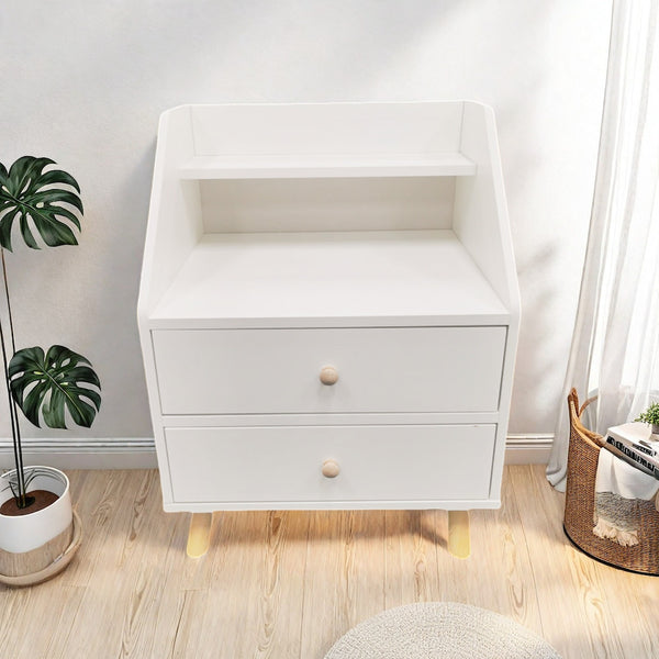 Warm White Nightstand Wooden Legs Knobs Open Storage Two Drawers Modern Design