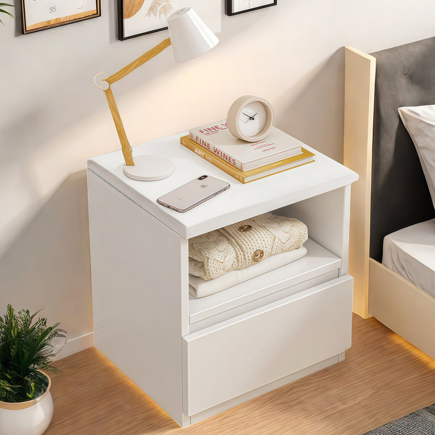 Modern Nightstand Warm White Open Storage Finger Pull Drawer Compact 47cm