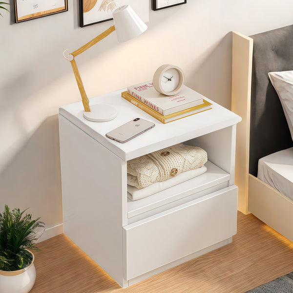 Modern Nightstand Warm White Open Storage Finger Pull Drawer Compact 47cm