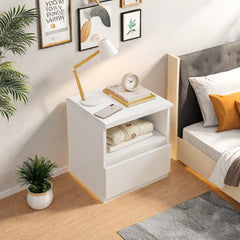 Modern Nightstand Warm White Open Storage Finger Pull Drawer Compact 47cm