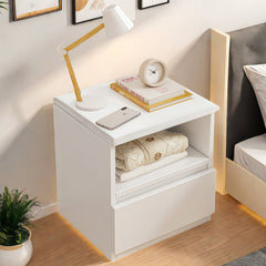 Modern Nightstand Warm White Open Storage Finger Pull Drawer Compact 47cm