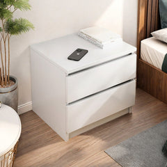 Modern Nightstand Warm White Double Drawer Finger Pull Geometric Clean Lines