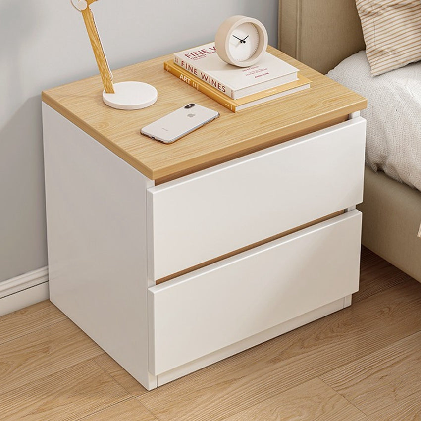 Modern Nightstand Oak Wood Grain Top White Cabinet Double Drawer Finger Pull