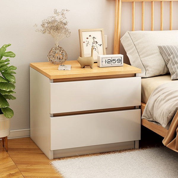 Modern Nightstand Oak Wood Grain Top White Cabinet Double Drawer Finger Pull