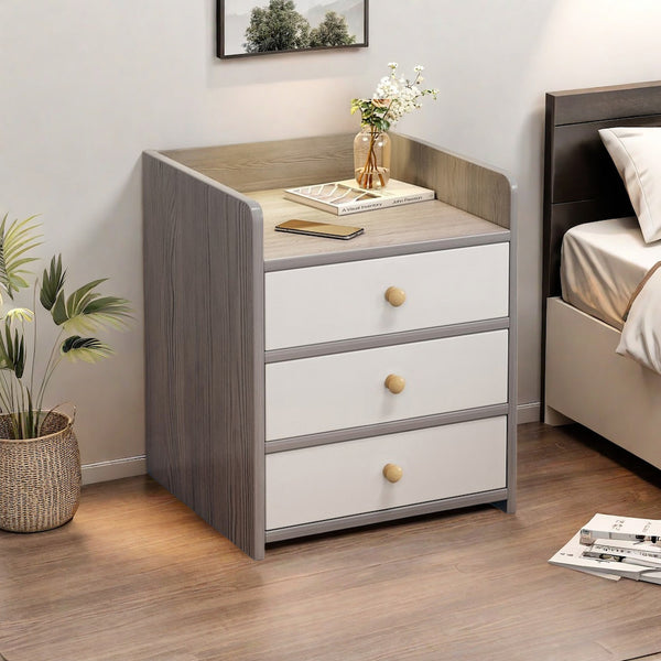 Modern Nightstand Light Gray Wood Grain Three Drawers Safety Tray Top Wooden Knobs