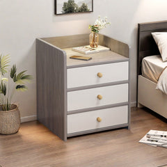 Modern Nightstand Light Gray Wood Grain Three Drawers Safety Tray Top Wooden Knobs