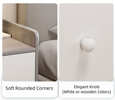 Modern Nightstand Light Gray Wood Grain Three Drawers Safety Tray Top Wooden Knobs
