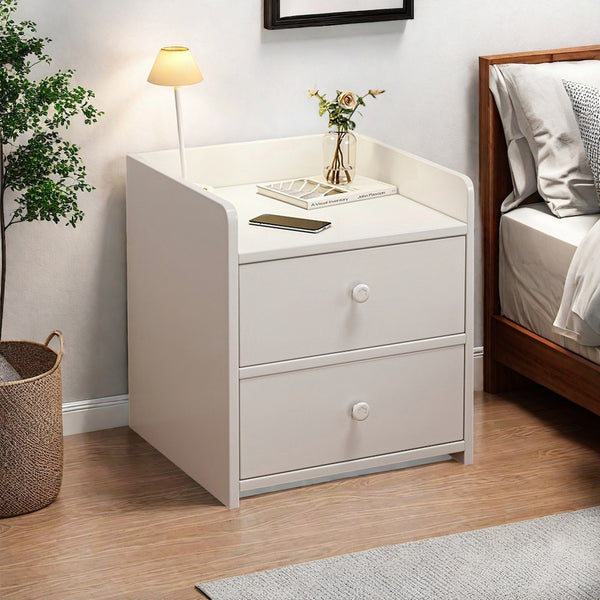 Minimalist Nightstand White Double Drawer Safety Tray Design Wooden Handles