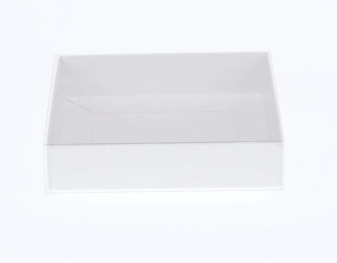 100 Pack of 15cm Square Invitation Coaster Favor Function product Presentation Cookie Biscuit Patisserie Gift Box - 4cm deep - White Card with Clear Slide On PVC Lid