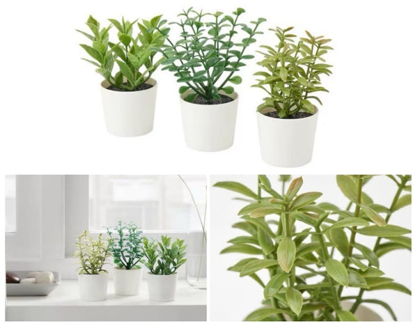 3 Pack of Artificial Herb Potted Plants in White Plastic 5cm Pot Interior Decoration