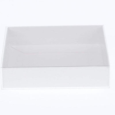 50 Pack of White Card Square Box - Clear Slide On Lid - 20 x 20 x 8cm -  Large Beauty Product Gift Giving Hamper Tray Merch Fashion Cake Sweets Xmas