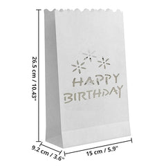100 Pack White Happy Birthday Luminary Paper Candle Tea Light Lantern Bags Garden Anniversary Birthday Night Decorations Evening Party