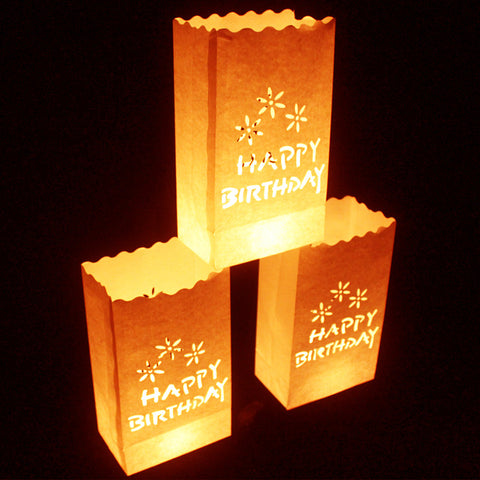50 Pack White Happy Birthday Luminary Paper Candle Tea Light Lantern Bags Garden Anniversary Birthday Night Decorations Evening Party