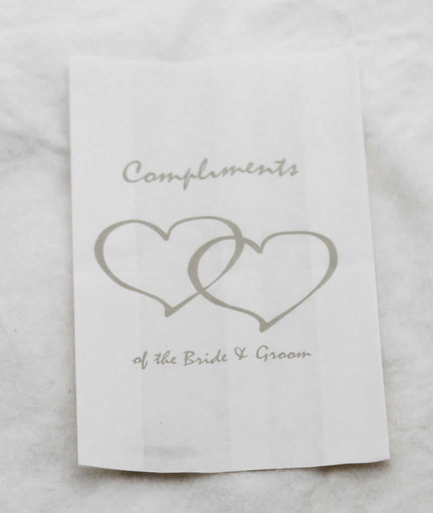 100 Pack Wedding Cake Bags Greaseproof Wax Paper Slice Take Home Favour Silver Heart n Message