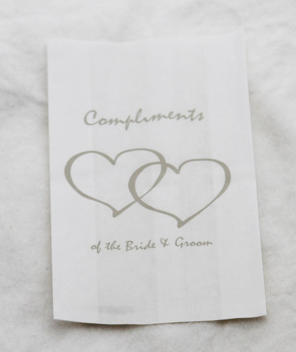 100 Pack Wedding Cake Bags Greaseproof Wax Paper Slice Take Home Favour Silver Heart n Message