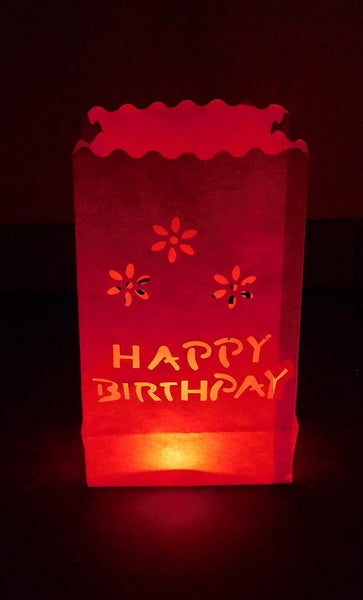 20 Pack Red Happy Birthday Luminary Paper Candle Tea Light Lantern Bags Garden Anniversary Birthday Night Decorations Evening Party