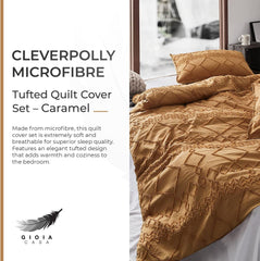 100% Premium Tufted Microfibre Quilt Cover Set - Ultra-Soft, Durable Embroidery Bedding Comforter Set - Machine Washable & Zipper Closure - Caramel - Queen