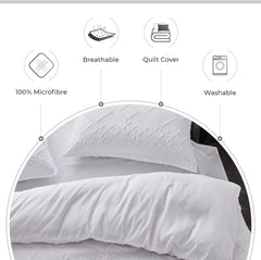 100% Premium Tufted Microfibre Quilt Cover Set - Ultra-Soft, Durable Embroidery Bedding Comforter Set - Machine Washable & Zipper Closure - White - Queen