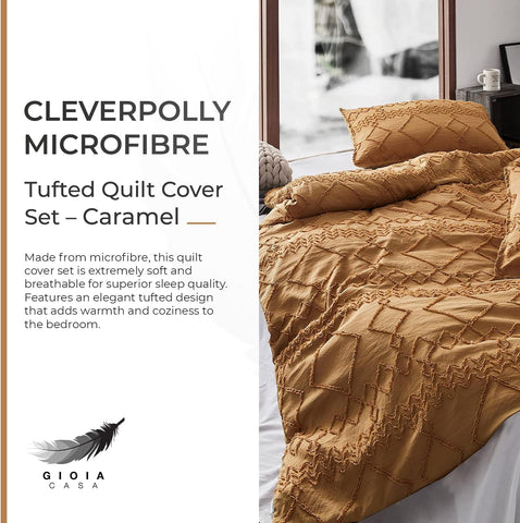 100% Premium Brushed Microfibre Tufted (3Pcs) Quilt Cover Set - Caramel - King Size