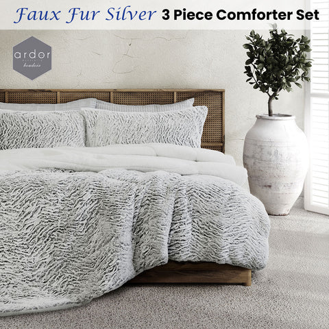 Ardor Faux Fur Silver 3 Piece Comforter Set Single/Double