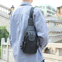 Genuine Leather Cowhide Zipper Men's Bag Pattern Crocodile Chest Bag