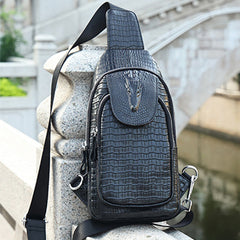 Genuine Leather Cowhide Zipper Men's Bag Pattern Crocodile Chest Bag