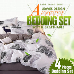 Palm Leaves Pattern Aloe Cotton Flat Sheet Quilt Cover Pillowcases 4pcs Bedding Set (Queen)
