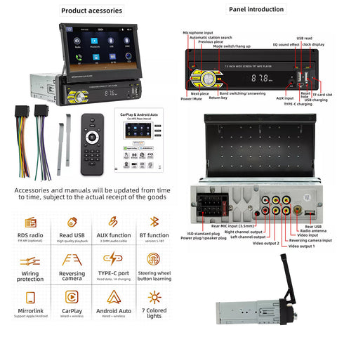 7in Universal Retractable Screen For Apple Carplay AndroidAuto With 12LED Rearview Camera
