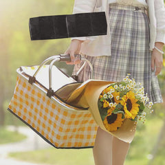 Collapsible Outdoor Camping Portable Insulated Picnic Basket Camping Picnic Ice Pack(Yellow Grid)
