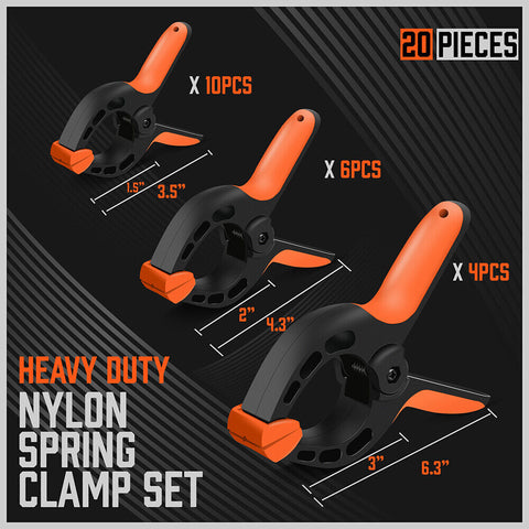 20Pc Spring Clamps Set Heavy Duty Nylon Clips 3 Sizes Non-Slip Grip TPR Handle