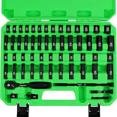 SWANLAKE 1/4" Drive Impact Socket Set, 56-Piece Standard SAE (5/32 to 9/16 inch) and Metric (4-15mm) Size, 6 Point, Cr-V, 1/4-Inch Drive Ratchet Handle, Drive Extension Bar, Impact Universal Joint