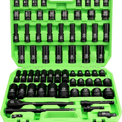 SWANLAKE 1/2" Drive Impact Socket Set, 66-Piece Standard SAE (3/8"-1-1/4") and Metric (8-24mm) Size, 6 Point, Cr-V, 1/2-Inch Drive Ratchet Handle, Drive Extension Bar, Impact Universal Joint