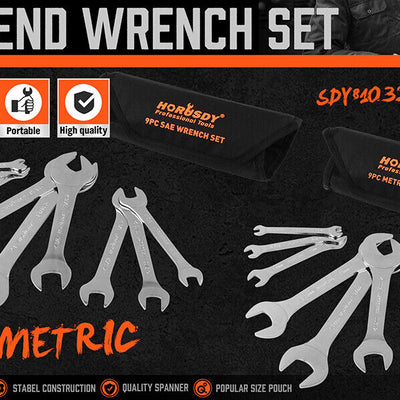HORUSDY Super Thin 18Pc Wrench Set Open End Spanner 3mm CRV Metric & SAE w Pouch