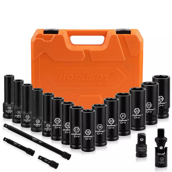 19Pc Deep Socket Set Impact 1/2" Drive Extension Bars Flexible Adapter 10-24mm