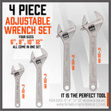 4Pc Adjustable Wrench Set Heavy Duty Shifter Spanner Wide Open Jaw 6"/8"/10"/12"