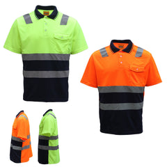HI VIS Short Sleeve Workwear Shirt w Reflective Tape Cool Dry Safety Polo 2 Tone, Fluoro Yellow / Navy, L