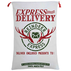 50x70cm Canvas Hessian Christmas Santa Sack Xmas Stocking Reindeer Kids Gift Bag, Cream - Reindeer Express (B)