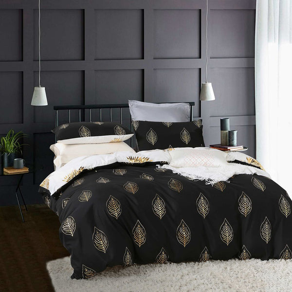 Reversible Design Super King Size Black Gold Duvet Quilt Cover Set