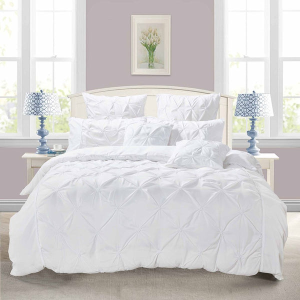 Diamond Pintuck Queen Size White Duvet Quilt Cover Set