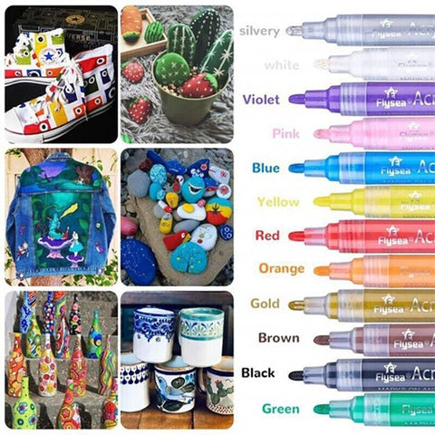 Flysea 12-80 Colours Acrylic Paint Pens Painting Stone Ceramic Glass Marker2-3Mm - 12-Colour Set